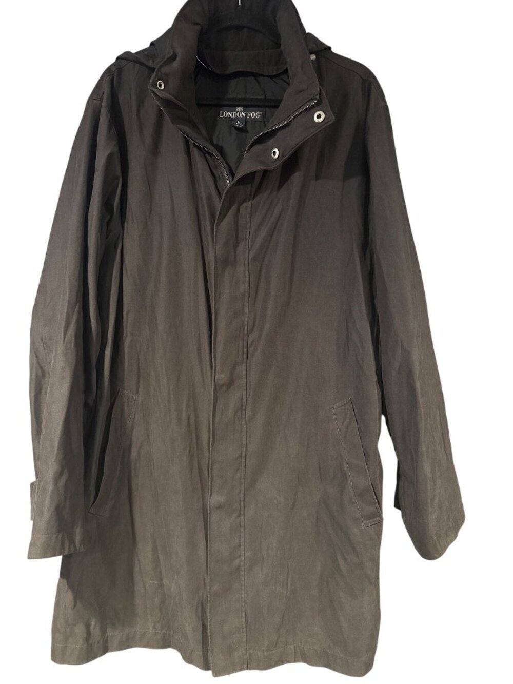 London Fog Women L Black Long Raincoat Hooded Trench Jacket Minimalist Gorpcore